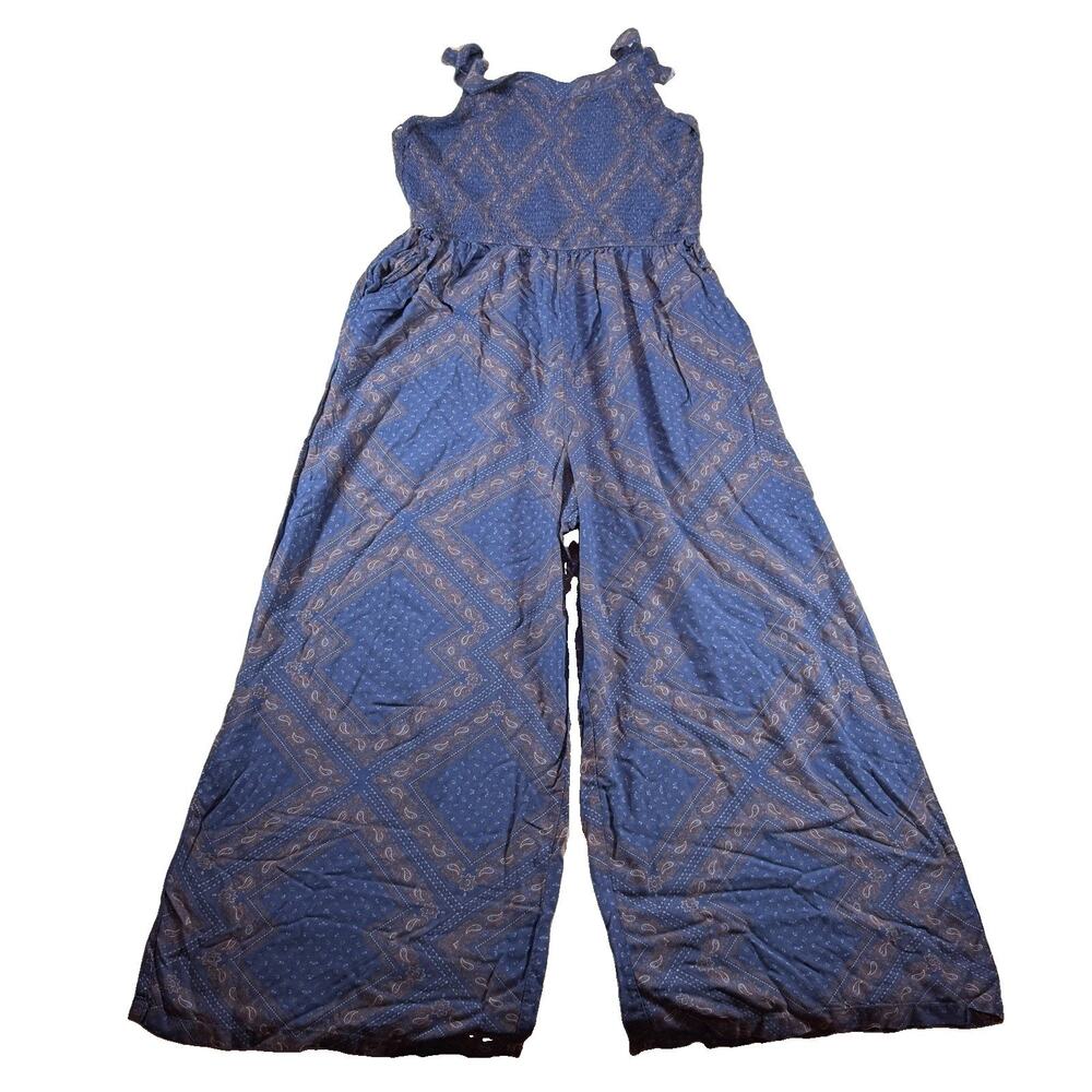 Cotton & Rye Outfitters Women's Blue Paisley Smocked Halter Wide-Leg Jumpsuit L